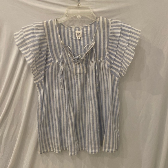 GAP blue white stripe tie front ruffle blouse size XS - Picture 1 of 6